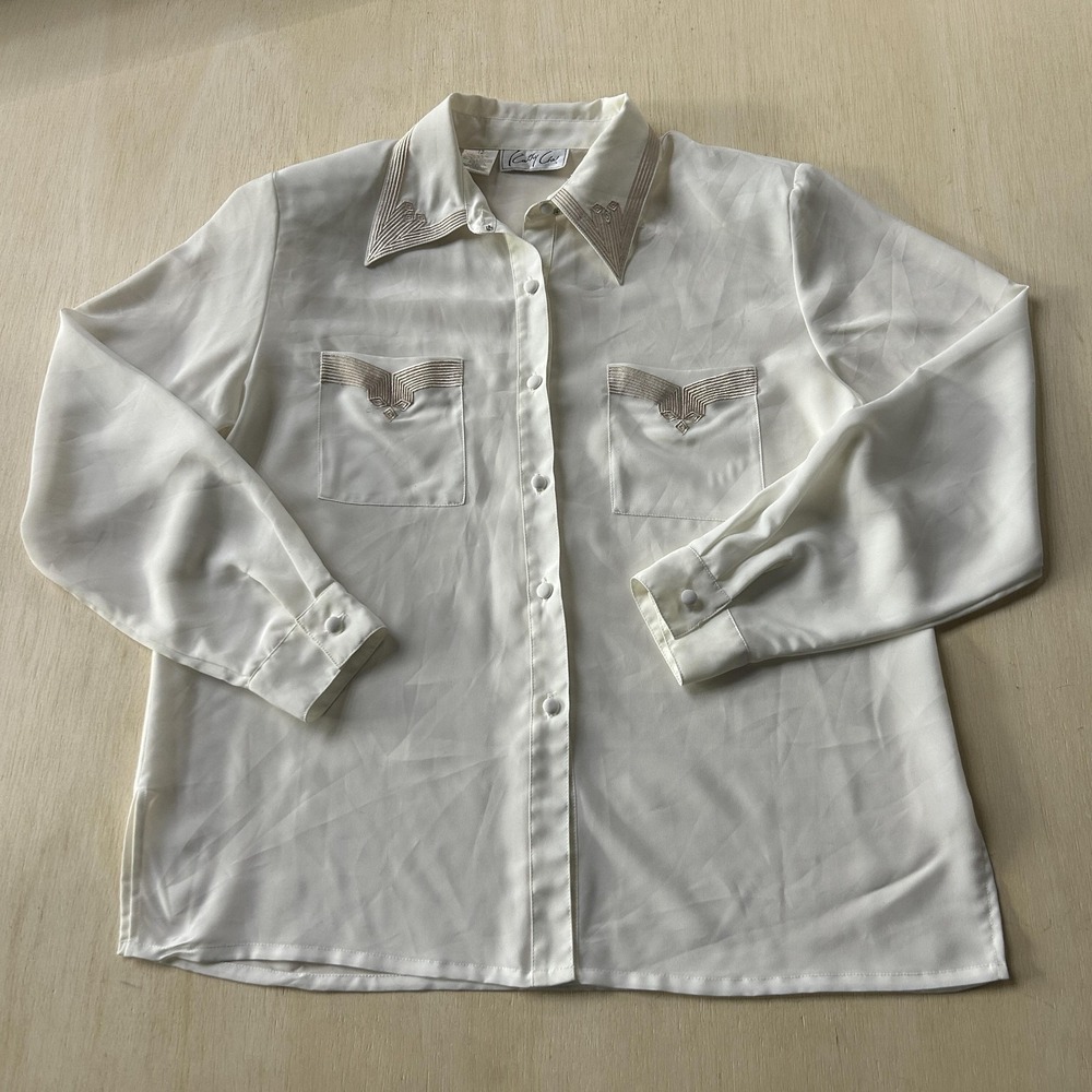 Cathy Che Shirt Womens 12 White Western Embroidered Button Front Long Sleeve